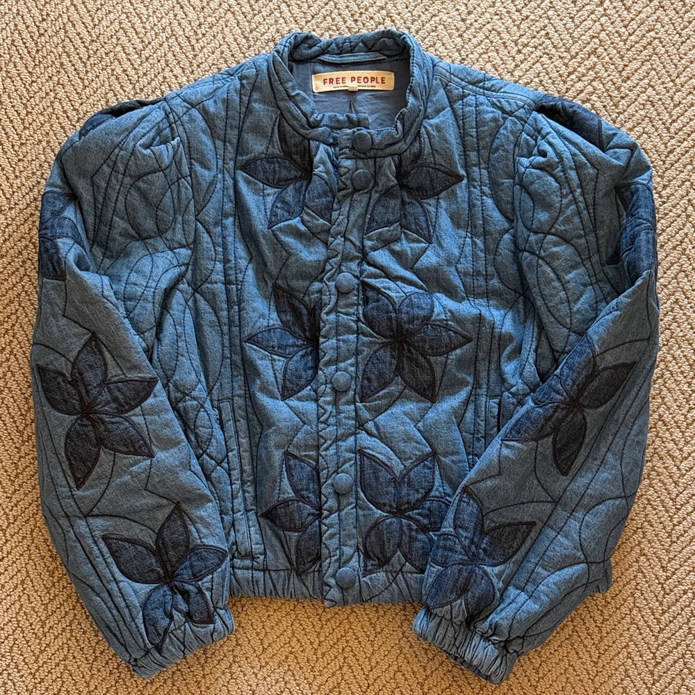 Free People Denim Blue Floral Jacket